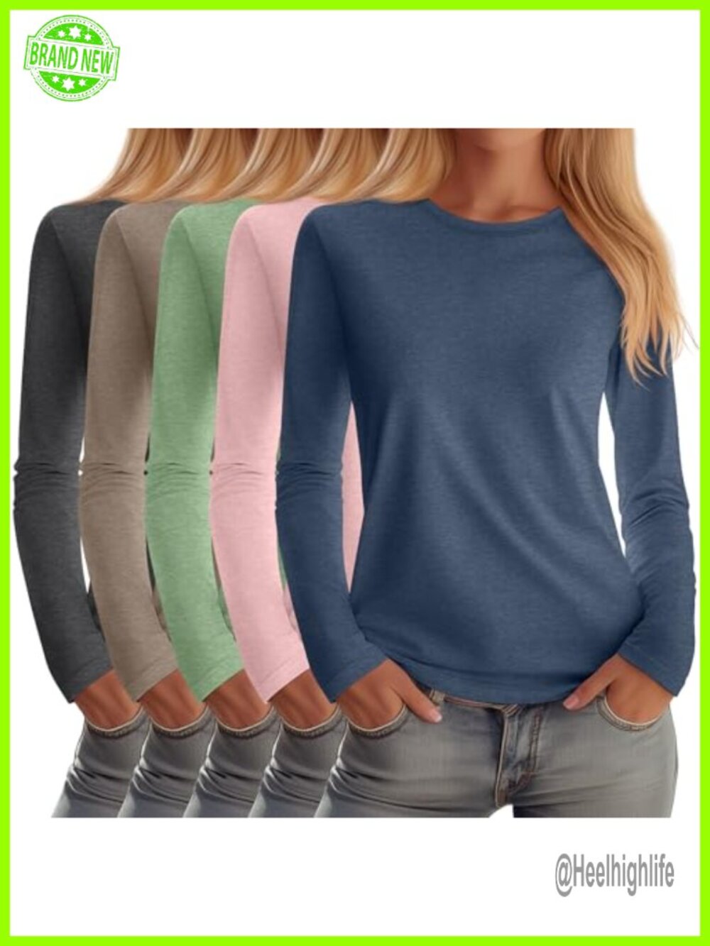 5 Pack Women's Crew Neck Long Sleeve T-Shirts Cotton Blend Regular Fit